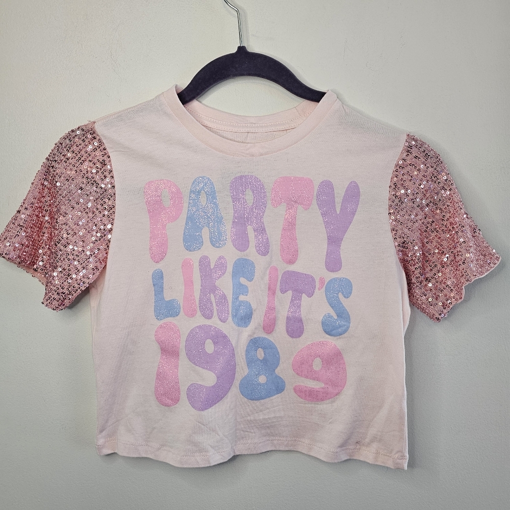 Goodie Two Sleeves Girls Party Like It's 1989 Sequin Sleeve T-Shirt Size 5